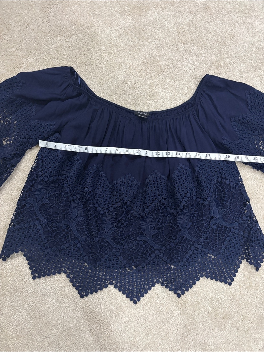 Rhapsody Navy Crochet Lace Off-Shoulder Women’s Top - Picture 4 of 5